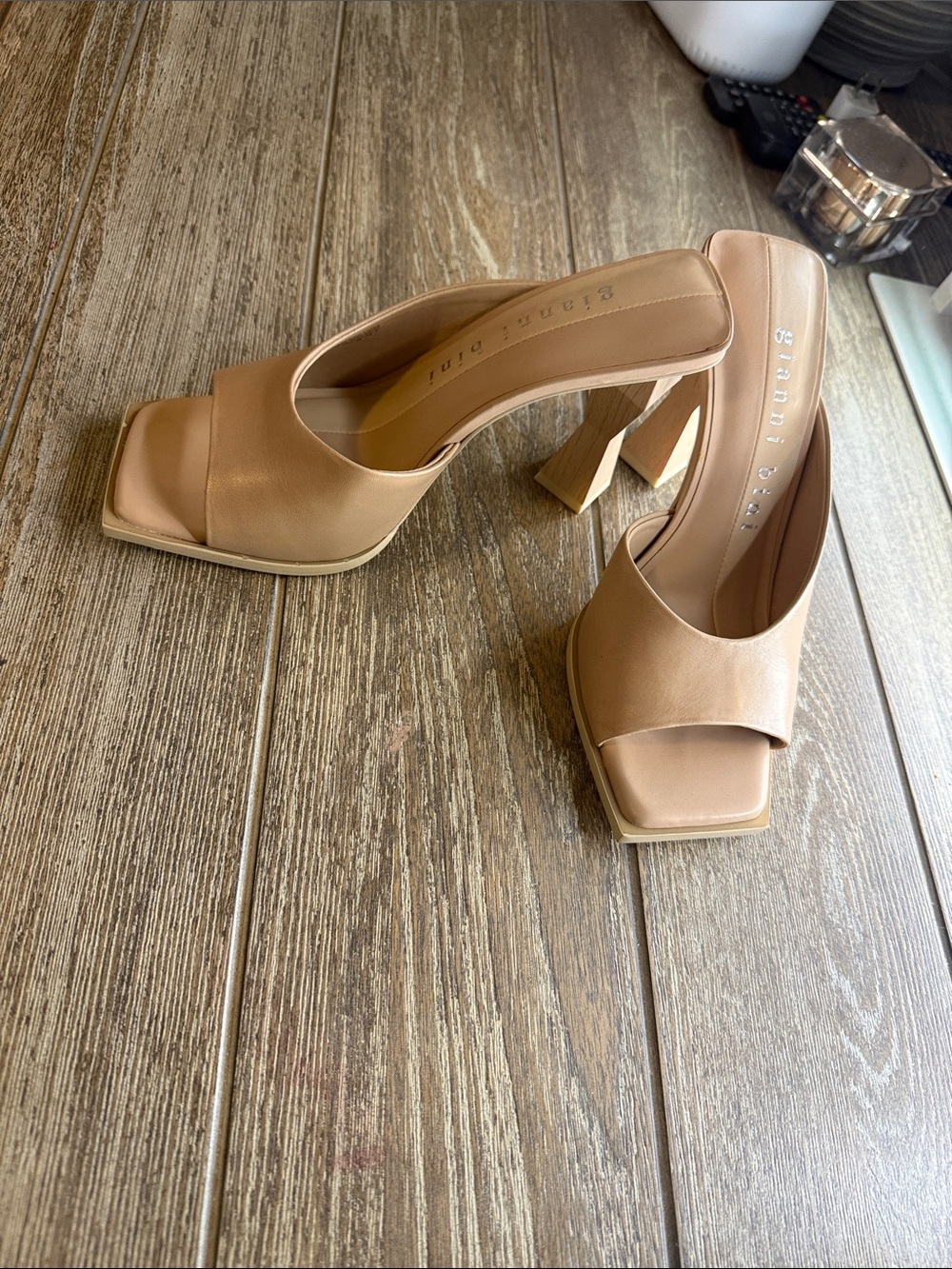 Gianni Bini Nude/Tan Square-Toe Block Heel Mules